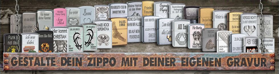 Verschiende Feuerzeuge mit Beispiel Gravuren
